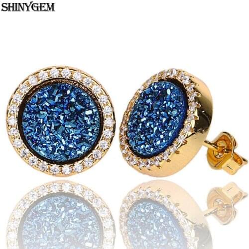ShinyGem Trendy 10mm Round Natural Sparkly Druzy Crystal Earrings Luxury Jewelry Gold Plating Stone Stud Earrings For Women