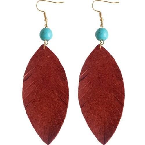 Cutout Fringe Leaf Feather Genuine Leather Dangle Drop Earrings for Women