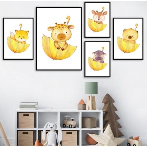 Giraffe Hippo Fox Bear Deer Umbrella Safari Nursery Wall Art Print Canvas Painting Nordic Poster Wall Pictures Kids Room Decor
