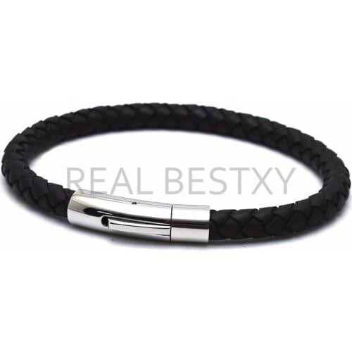 5pcs/lot engrave logo Punk Men Jewelry Matte Black Braided Leather Bracelet Stainless Steel Magnetic Clasp Fashion Bangles gifts