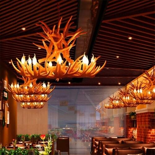 American Retro LED Chandelier Nordic Antlers Indoor Lighting Chandeliers Resin Deer Head Decor Bedroom Hanging Light Lighting
