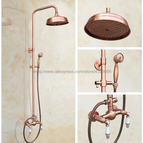 Antique Red Copper Bathroom 8" Rainfall Shower Faucet Set Double Handle Bath Shower Mixer Taps Wall Mounted Brg551