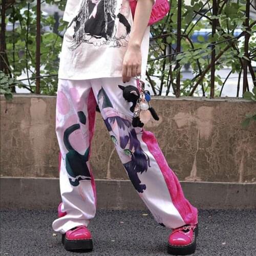 New Hip Hop Streetwear Teens Anime Girl Graphic Print Japanese Fashion Wide Leg Pants High Waist Women Bottoms Pants 2021 Autumn