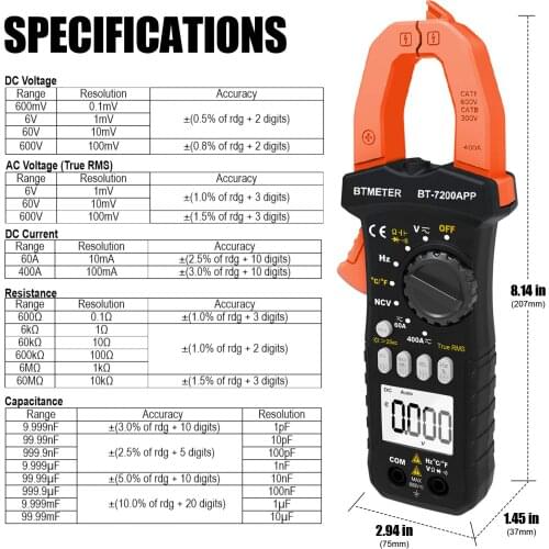 6000 Counts True RMS Digital Auto-Ranging Clamp Multimeter with Bluetooth for AC/DC Current Voltage Resistance Capacitor Meter