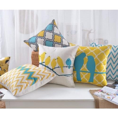 Geometric Decorative Pillows Case Bird Yellow Blue Cushion Cover Home Decor Linen Scandinavian Throw Pillows for sofa 45x45cm
