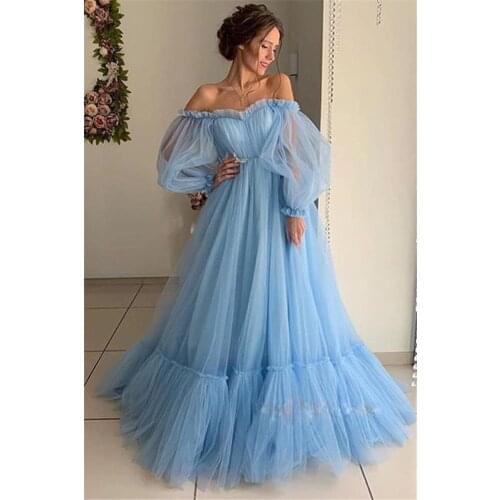 Elegant Off-Shoulder Ball Gown Women Pink Slash-Neck Comfort Mesh Wedding Dress Bridesmaid Clothing Blue Floor-Length Party Robe