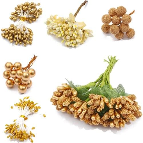 10-144pcs champagne Gold Real Touch Artificial Bouquet Fake Flower Stamen Berries Bundle DIY Wedding Cake Gift Box Wreaths Decor