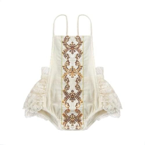 New Baby Girls Romper Lace Print Sequin Sleeveless Sling Bodysuit One-piece Suit for Birthday Party Photography