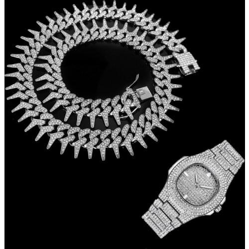 25MM 2pcs Kit Hip Hop Heavy Iced Out Cuban Thorns Link Full AAA Crystal Pave Necklace +Watch+Bracelet for Men Women Jewelry