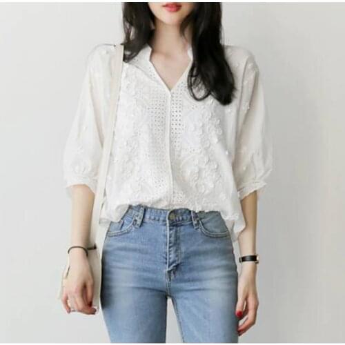 AIYANGA 2020 Lace Cotton Blouse Women Shirt Casual Ladies Half Sleeve Womens Tops and Blouses Summer Hook Flower Hollow Blusa