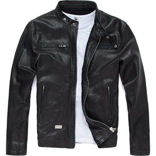New Men Leather Jacket Genuine Real Sheep Goat Skin Brand Black Male Bomber Motorcycle Biker Mans Coat Male Stand Collar
