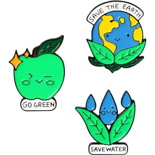 Cartoon plant-shaped brooches, creative accessories, water saving, green letter pins, bag decoration badges, gifts for friends