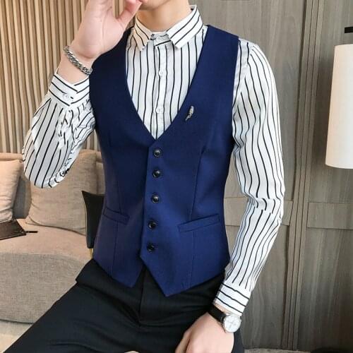 Barbers vest man business casual waistcoat men classic solid slim fit groom wedding dress party korean fashion vests