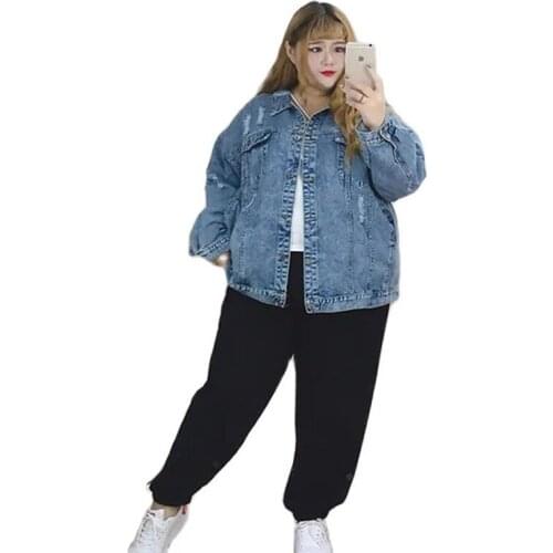 New Autumn Womens Denim Jacket Loose Casual Hole Ladies Jeans Coat Women Coat Outwear Female Cowboy Jacket Plus Size 6XL R1442