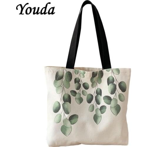 New Womens Canvas Tote Shoulder Totes Plant Print Female Handbag School Bags Girl Leaves Fashion Large Capacity Shopping Bag