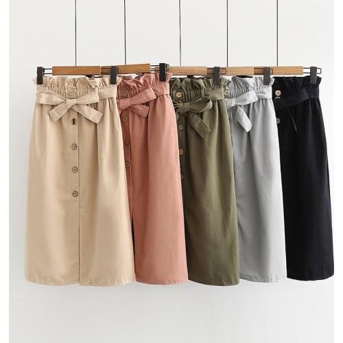 Obrix Spring Summer Casual Style Female Streetwear A-Line Cotton Mid Calf Length Bow Buttons Pockets Korean FashionSkirt