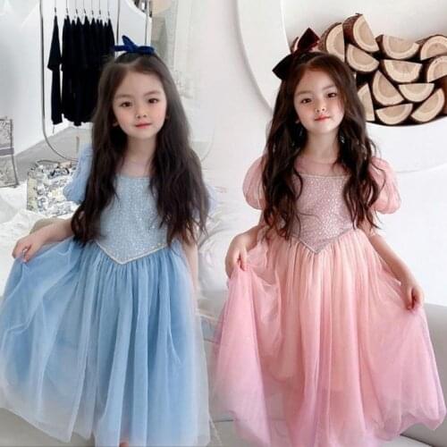 Princess Dress with Sequin 2021 Girls Summer Clothing Lantern Sleeve Mesh Patchwork Dress Mid-Calf Length Dress Kids Ball Gown