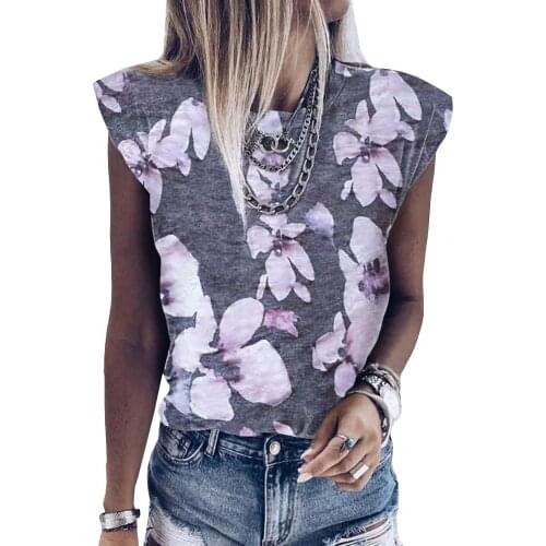 Gray Leaves/Floral Print Crew Neck Tank Women Summer Fashion Vest Beach Loose Tank Tops