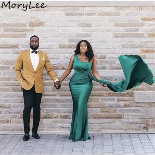 Evening Dresses One Shoulder Floor Length Sweep Train Mermaid Satin Evening Dresses With Zipper vestidos de fiesta de noche