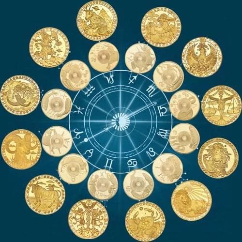 WR Gold Plated Zodiac Sign Coins Collectibles with Box Zodiac Constellation Bullion Coin Original Birthday Gift Dropshipping