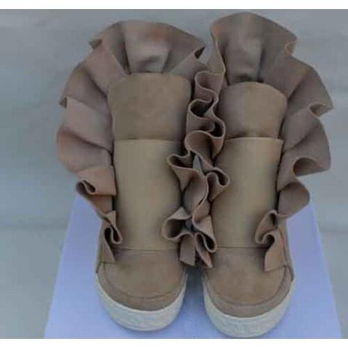 Spring High Top Falbala Suede Leather Casual Shoes Women Slip on height Increasing Chains Rubber Thick Sole Short Bottines