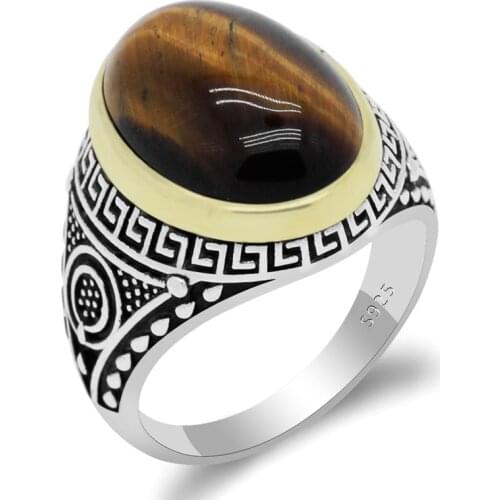 Natural Tiger Eye Stone Ring for Men 925 Sterling Silver Big Oval Stone Rings for Men DomineeringTurkey Silver Fine Jewelry