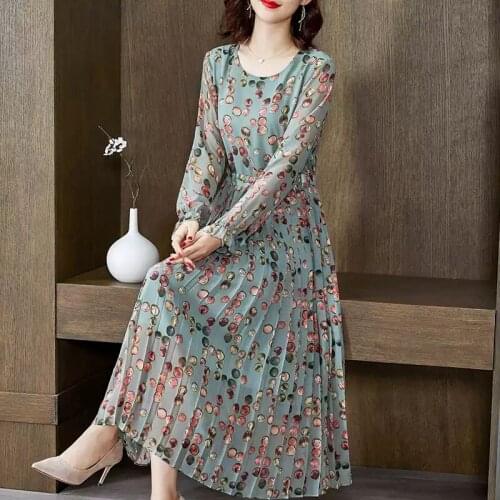 Women Floral Printing Chiffon Dress 2021 Spring Fashion Long Sleeve O Neck A Line Party Vestidos Elegant Women Midi Dresses