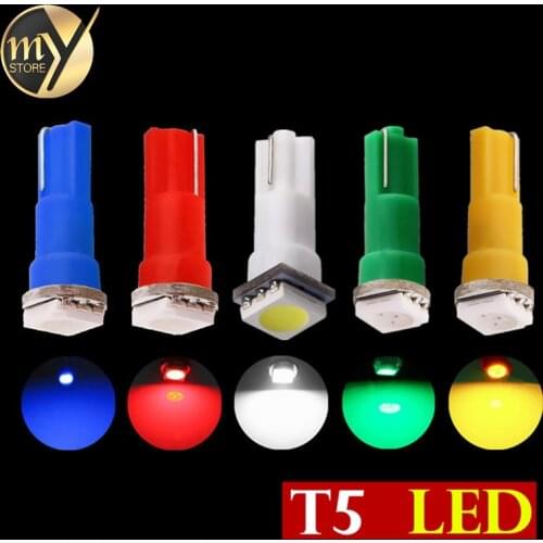 10pcs T5 White Red Blue Green Yellow 1 SMD Dashboard Wedge LED Light Bulb Lamp interior Lights Car Light Source parking 12V