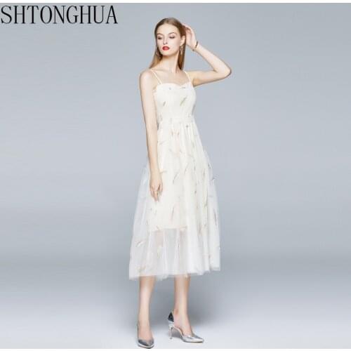 2020 New Dresses Womens Temperament Spaghetti Strap Sexy Backless Mesh Embroidery Elegant Dresses Lady Summer Dresses