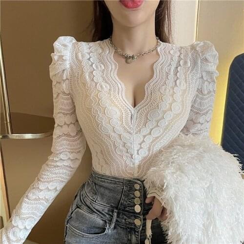 Dark V-Neck Lace Basic Shirts Women Korean Blouse Female Casual Long Sleeve Slim Elegant Sexy Tops Lady 2021 Spring See-through