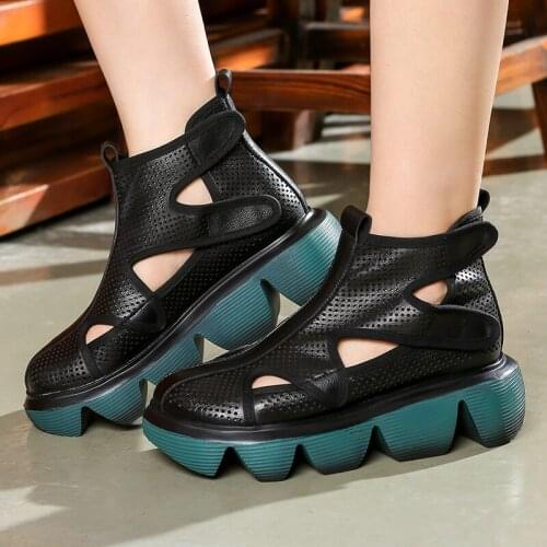 Platform Sandals 2021 New Autumn Genuine Leather Women Shoe Hook & Loop Retro Flat with Sewing Handmade Ladies Sandalias Mujer