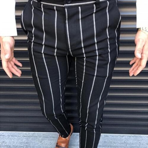 Formal Mens Striped Pants Slim Fit Business Casual Pencil Pants Fashion Office Work Mens Skinny Button Long Trousers