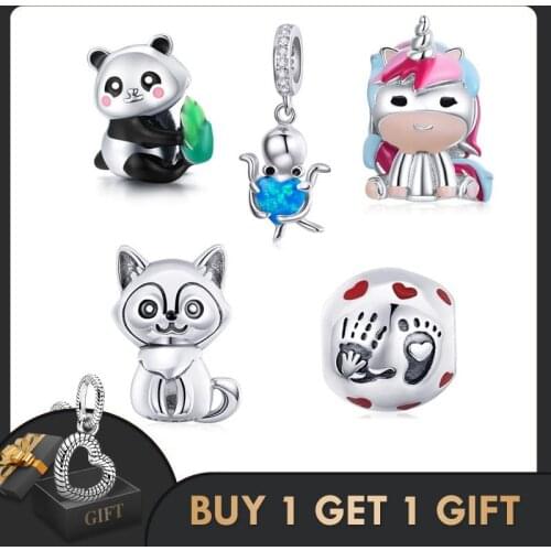 BISAER 925 Sterling Silver Lovely Dog Rainbow Horse Panda Cub Octopus Beads Charm Beads Fit Women Bracelet Cute DIY Fine Jewelry