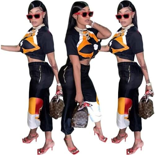Chiclover Summer Two Piece Set Women Wholesale Short Sleeve Outfit Print Crop Top Zipper Stretchy Pants Streetwear Dropshipping