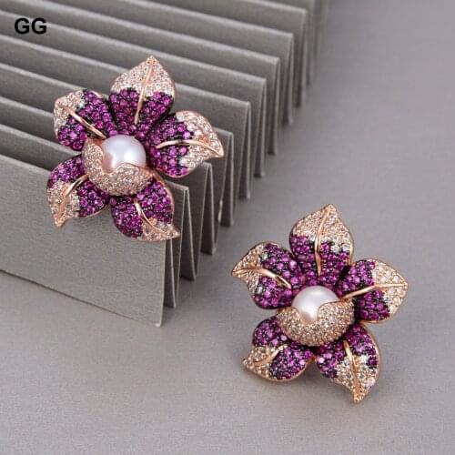 Cz Pave Pearl Earrings White Pearl Rose Golden Plated Cz Flower Earrings