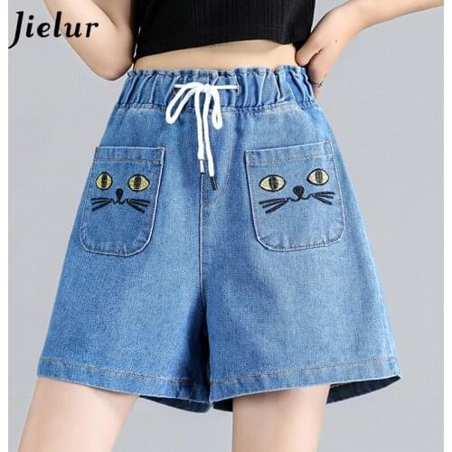 Jielur Cute Cat High Waist Wide Leg Denim Shorts Womens A-line Blue Loose Jeans Female Elastic Waist Shorts Femme Summer S-5XL