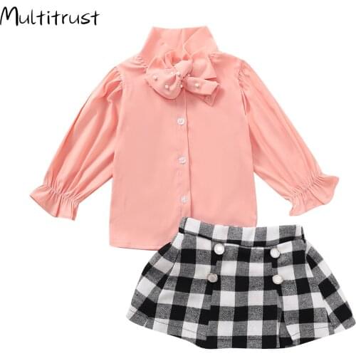 Toddler Girls Clothes Sets Long Puff Sleeve Solid Bow Shirts Blouse Tops +Plaid A-Line Pleated Skirts 2pcs