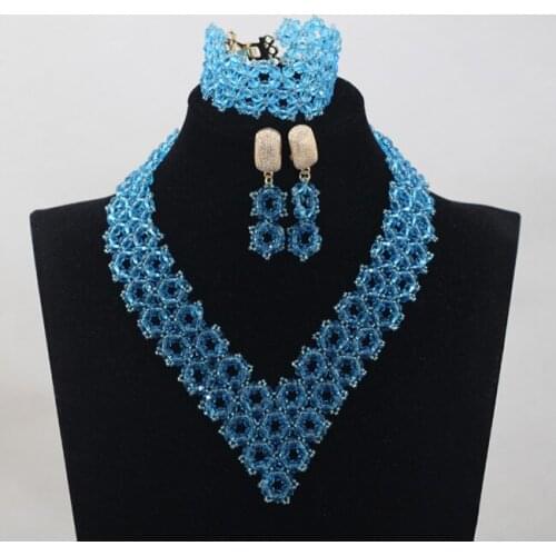Pretty Teal Blue Wedding African Bridal Crystal Jewelry Set Nigerian Beads Necklace Women Jewelry Set Free Shipping WD814