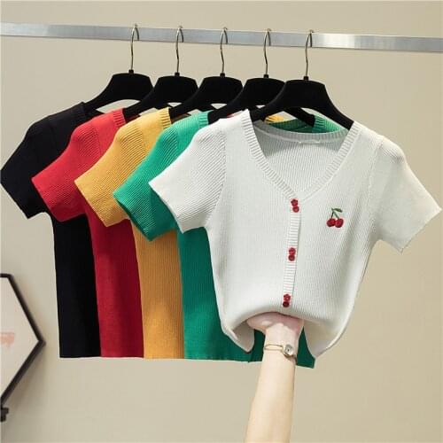 LJSXLS Knitted Short Sweater Women 2021 Fashion Embroidery Top Slim V Neck Cardigan Sweaters Spring Summer Casual Clothes Female