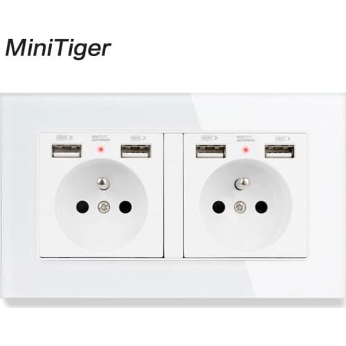 Minitiger 2 Gang French Standard Wall Socket With 4 USB Charge Port Hidden Soft LED Indicator Crystal Glass Panel
