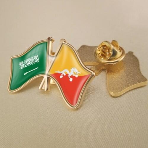 Saudi Arabia and Bhutan Crossed Double Friendship Flags Lapel Pins Brooch Badges