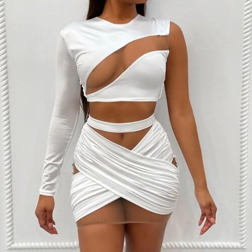 Mesh Patchwork Sheer Sexy Club Outfits for Women Dress Suits One Shoulder Crop Top and Bandage Mini Skirt Sets 2 Piece Set Party