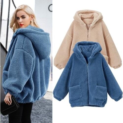 Chic Shaggy Faux Fur Hairy Fleece Bomber Hoodies Coat Fur Plush Jacket Velvet Cardigan Hat Lambswool Outwear Zipper Parka Tops
