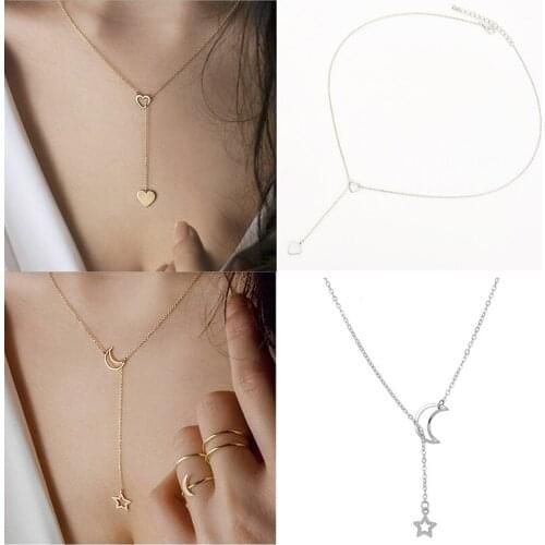 Y shape pendant necklace heart star pendant through hollow-carved heart moon Silver color gold color Metal plated O Chain