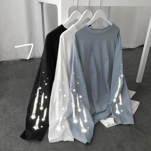 2021 Spring New Little Star Luminous Print Tshirt Women Long Sleeve T Shirts Fashion Solid Casual Round Neck Pullover Female Top