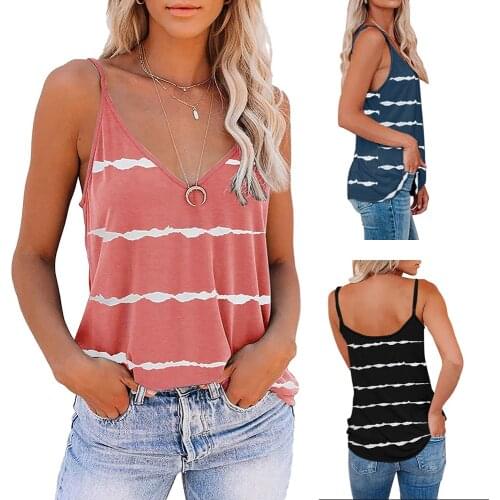 Women Striped Print Camisole Sexy V Neck Tank Tops Sleeveless Casual Loose Open Back Pullover Summer Adjustable Sling T-Shirt