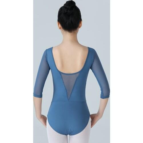 Half Sleeves Mesh Ballet Leotard Women Crew Neck Dance Wear Costume Adult Deep V Ballet Gymnastics Practice Leotard