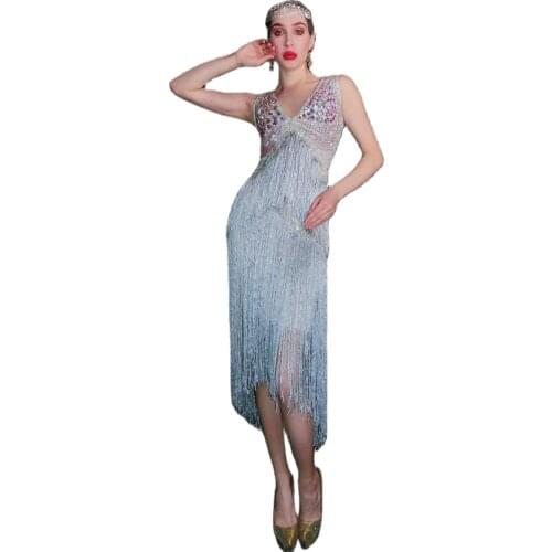 Sparkly Silver Crystals Fringes Mid-Calf Dress Dance Costume Women Deep V-Neck Modern Dance DJ Show Rave Pole Dance Clothing