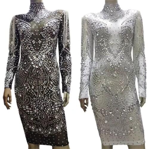 Long Sleeved White Stones Dress Sexy Trasparent Dress Women Dancer Dresses Women Evening Birthday Celebrate Costumes XS1125
