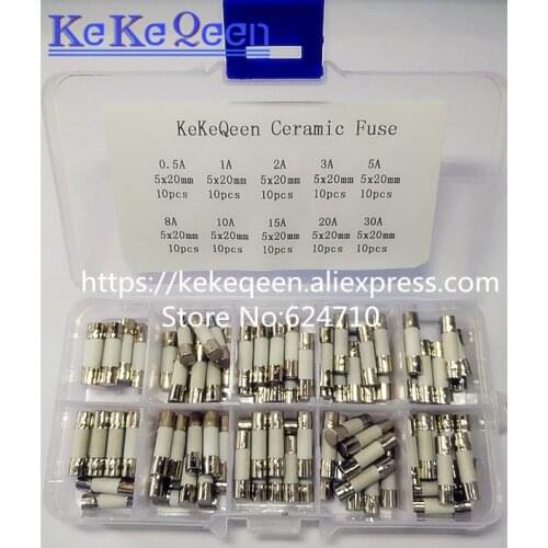 10 Kinds 100pcs/lot 5x20mm 5*20 Ceramic Fuse Box Assortment 0.5A 1A 2A 3A 5A 8A 10A 15A 20A 30A size 5*20mm Ceramic tube 5*20